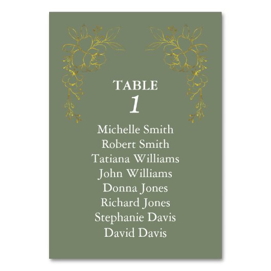 Numéro De Table Luxury Gold Flowers Royal Sage Green Wedding (Dos)