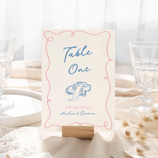 Numéro De Table Main Whimsical Tirée Bleu & Rose