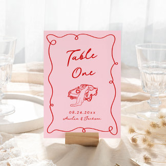 Numéro De Table Main Whimsical tirée rose et Mariage rouge