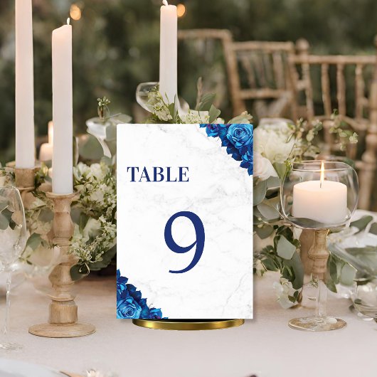 Numéro De Table Marbre blanc Floral Marine Mariage bleu
