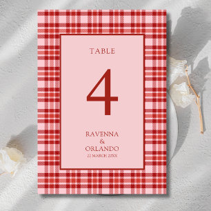 Numéro De Table Mariage à carreaux rouges roses vintage Gingham Ca
