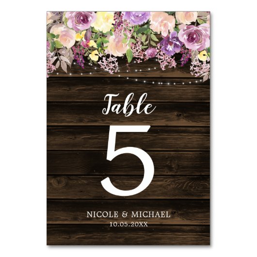 Numéro De Table Mariage à cordes florales violettes rustiques (Par défaut)
