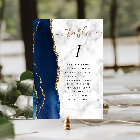 Numéro De Table Mariage à Marbre Agate Or Bleu Marine
