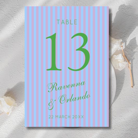 Numéro De Table Mariage à rayures vert Citron Bleu Rose Rétro