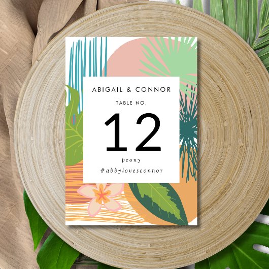 Numéro De Table Mariage Abstrait Tropical Corail Sarcelle Gras