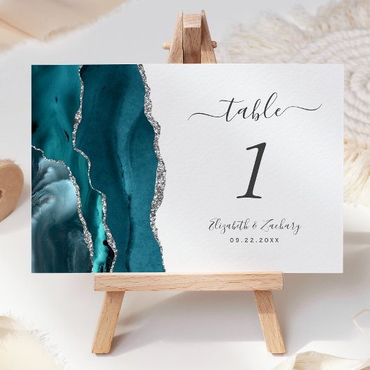 Numéro De Table Mariage Agate Bleu Turquoise Argent