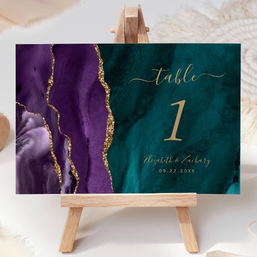 Numéro De Table Mariage Agate sarcelle Or Violet