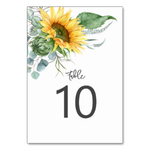 Numéro De Table Mariage aquarelle au tournesol rustique et eucalyp