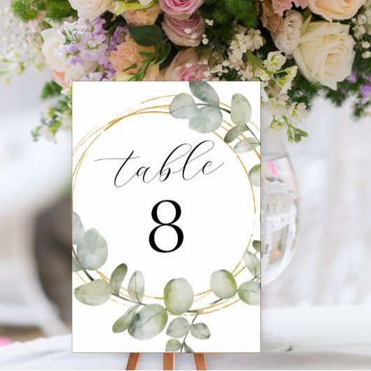 Numéro De Table Mariage aquarelle boho eucalyptus et or