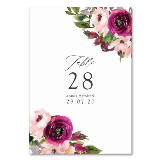 Numéro De Table Mariage aquarelle Marsala et floral rose (Dos)