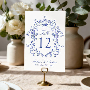 Numéro De Table Mariage au Blason Bleu Élégant