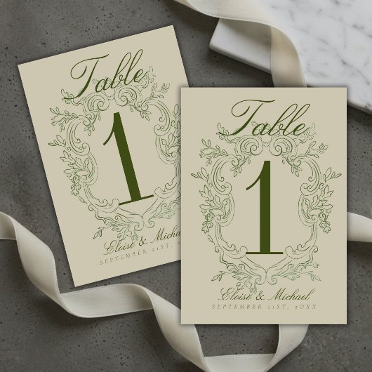 Numéro De Table Mariage au Blason Vert Sauge Élégant