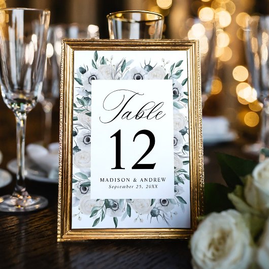 Numéro De Table Mariage aux Anémones et Roses Blanches