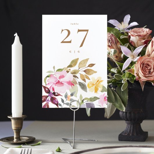 Numéro De Table Mariage aux florales aquarelles joyeuses