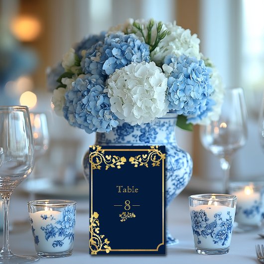 Numéro De Table Mariage aux Roses de Bleu Marine et Doré Brillante
