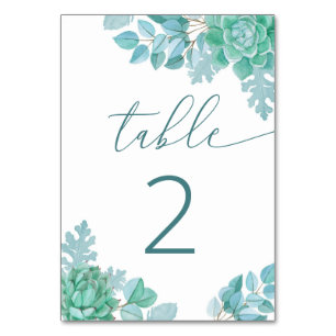 Numéro De Table Mariage aux Succulentes de Teal   Botanique Bleu V