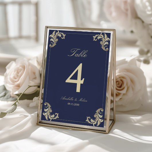 Numéro De Table Mariage Baroque Or Bleu Marine