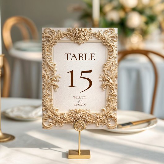 Numéro De Table Mariage Baroque Orné Floral Or