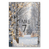 Numéro De Table Mariage Blanc Birch Trees Neige Jaune Lumières (Dos)