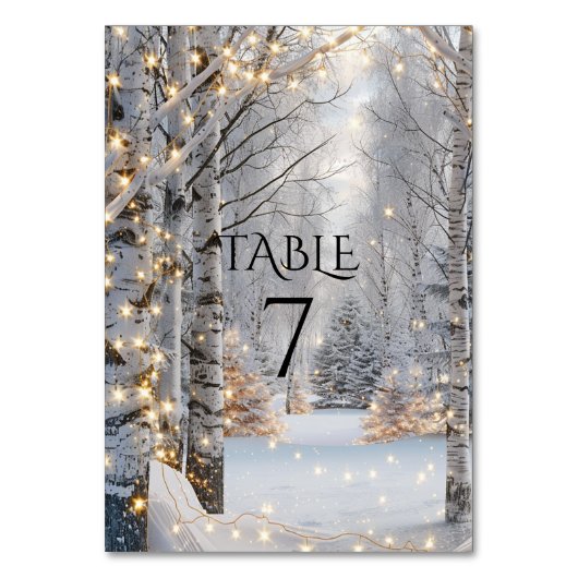 Numéro De Table Mariage Blanc Birch Trees Neige Jaune Lumières (Par défaut)