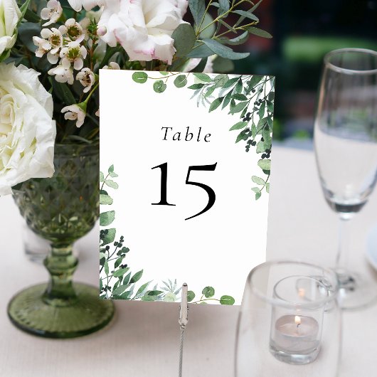 Numéro De Table Mariage blanc vert à l'eucalyptus