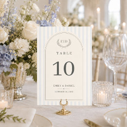 Numéro De Table Mariage bleu et vert sauge rayé avec monogramme 