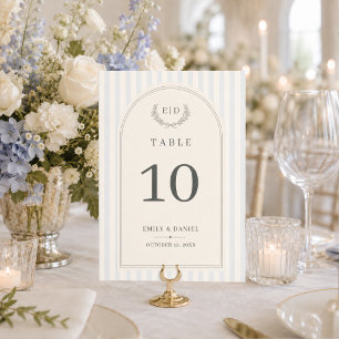 Numéro De Table Mariage bleu et vert sauge rayé avec monogramme