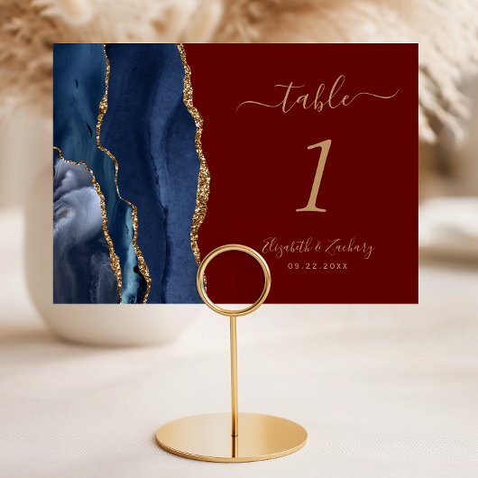 Numéro De Table Mariage bleu marine or agate bordeaux