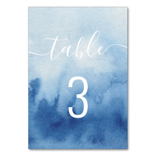 Numéro De Table Mariage bleu nautique aquarelle. Écriture moderne (Dos)