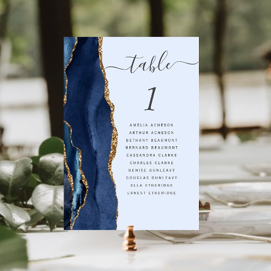 Numéro De Table Mariage Bleu Pâle Agate Or Navy
