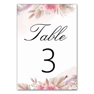 Numéro De Table Mariage Bohème Chic Rose des Pampas et Champagne