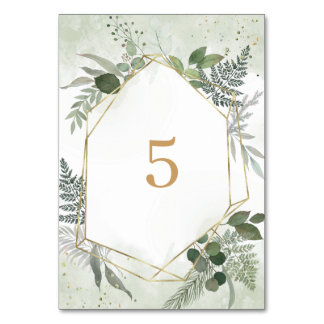 Numéro De Table Mariage bohème verdure aquarelle géométrique or