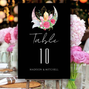 Numéro De Table Mariage Boho Lune Cristaux Plumes Fleurs Roses