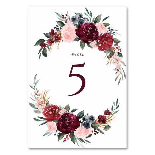 Numéro De Table Mariage boho rustique bordeaux aquarelle (Dos)