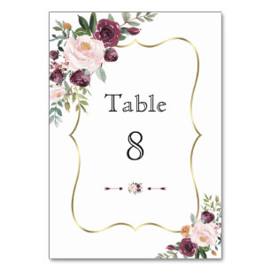 Numéro De Table Mariage Cadre Doré Floral Blanc Cassé Rouge Bourgo