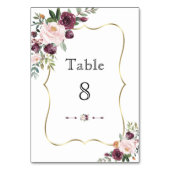 Numéro De Table Mariage Cadre Floral Ivoire Rouge Bourgogne (Dos)