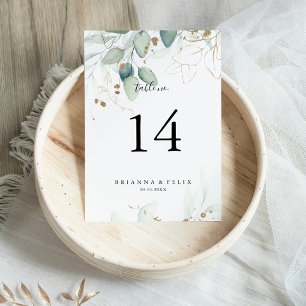 Numéro De Table Mariage Calligraphie Eucalyptus Doré 