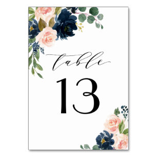 Numéro De Table Mariage campagnard floral bleu marine et rose pâle