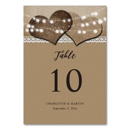 Numéro De Table Mariage campagnard Rustique Kraft Papier Burlap He (Dos)