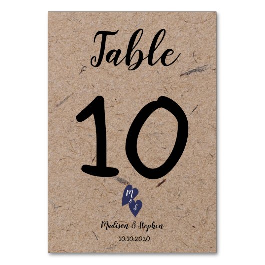 Numéro De Table Mariage Champêtre | Monogramme Papier Kraft Cœur N (Par défaut)