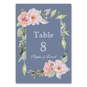 Numéro De Table Mariage Charm Rose Floral Bleu Poussiéreux