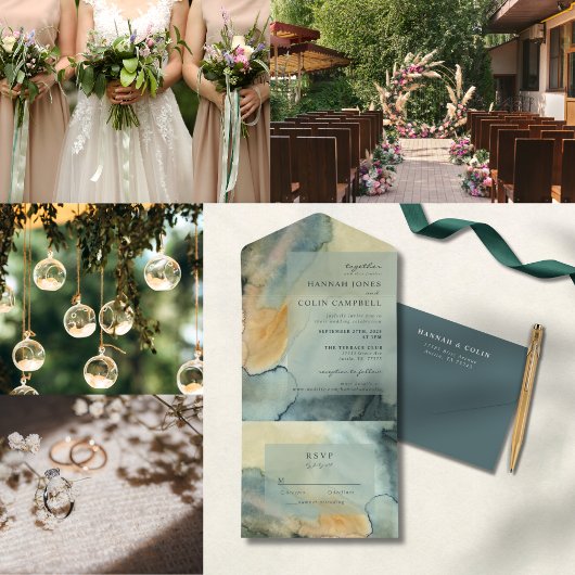 Numéro De Table Mariage chic en granit bleu vert Aquarelle
