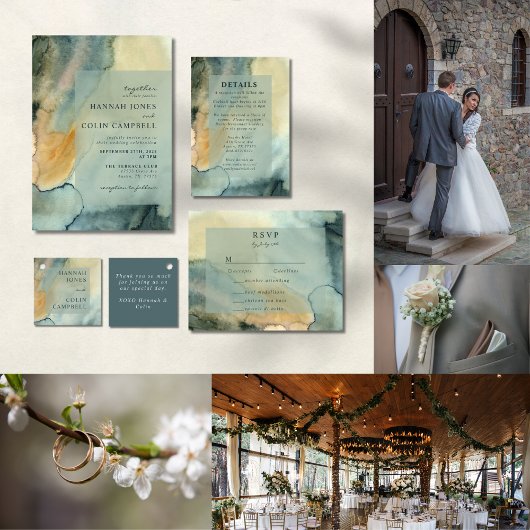 Numéro De Table Mariage chic en granit bleu vert Aquarelle