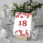 Numéro De Table Mariage chinois élégant Paisley Peacock Floral Rou<br><div class="desc">Elégant design de paon rouge et blanc bohème avec des détails floraux et une queue en cachemire, associé à un symbole de bonheur double chinois dans un cadre en cercle simple. Un design mariage asiatique très unique, chic et classe pour le couple moderne et élégant. Le double bonheur est un...</div>
