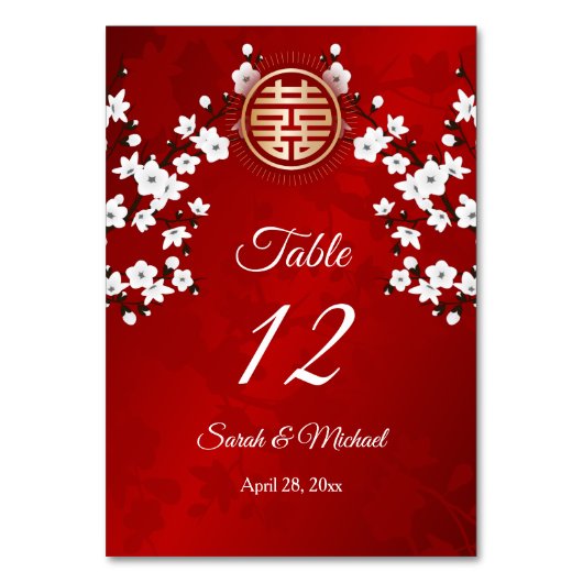 Numéro De Table Mariage chinois en fleurs de cerisier blanc (Dos)