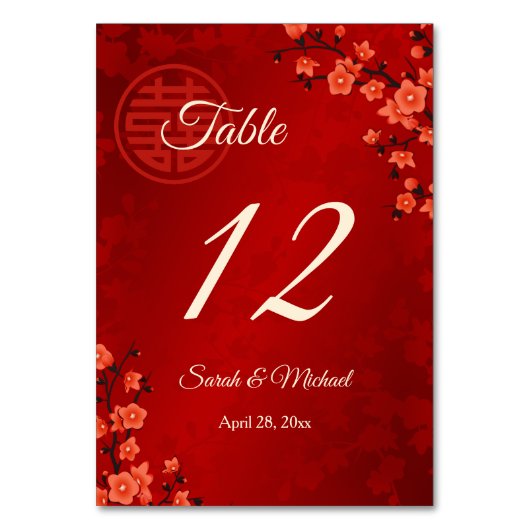 Numéro De Table Mariage chinois en fleurs de cerisiers rouges (Dos)