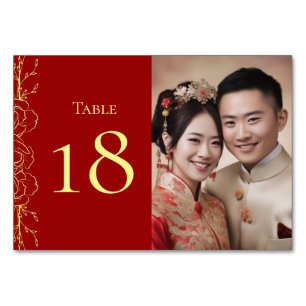 Numéro De Table Mariage chinois floral or rouge photo double xi