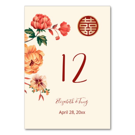 Numéro De Table Mariage chinois Peony (Dos)