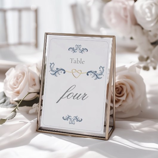 Numéro De Table Mariage Classique Bleu Poussiéreux Or