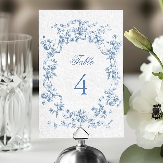 Numéro De Table Mariage Classique Fleurs et Rubans Bleu Français